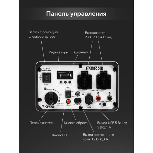 Генератор инверторный Kranz KR5500IE, 5,5кВт, 230В, 10л, закрытый корпус, электростартер