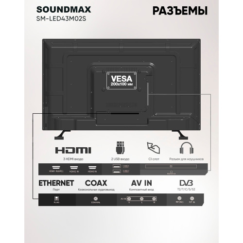  Телевизор Soundmax SM-LED43M02S черный