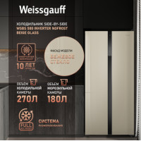 Холодильник Weissgauff WSBS 500 Inverter NoFrost Beige Glass