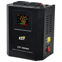 Стабилизатор напряжения EST 3000 WR релейный настенный, Однофазный релейный автоматический Стабилизатор переменного напряжения. максимальная мощность 3000 Вт, входное напряжение от 140В до 270В, выходное напряжение 220В +/-8%. Вес 12,1 кг.