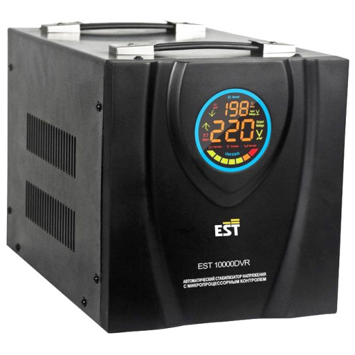 Стабилизатор напряжения EST. 10000 DVR L релейный переносной, Однофазный релейный автоматический Стабилизатор переменного напряжения 5 реле Максимальная мощность 10000 Вт. Входное напряжение от 140В до 270В.. выходное напряжение 220В +/-8%.