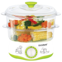 Пароварка Endever Vita-161, белый/зеленый, мощность 800 Вт, объем 4 л, два уровня готовки, индикатор питания, таймер с отключением до 60 минут