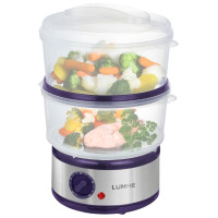 Пароварка LUMME LU-1403 черный жемчуг400W 2чаши по 2л резервуар для воды 500мл корпус сталь таймер 60мин автоотключение без воды