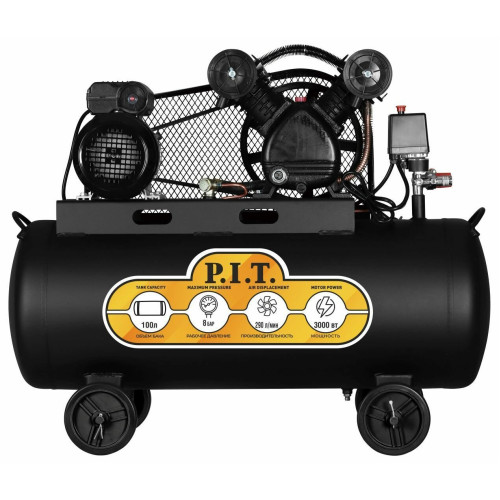Компрессор P.I.T. PAC 100-C2 (3,3кВт, 370л/мин,100л,2 цил-ра,2 вых,2 ман, маслян. ремен.)