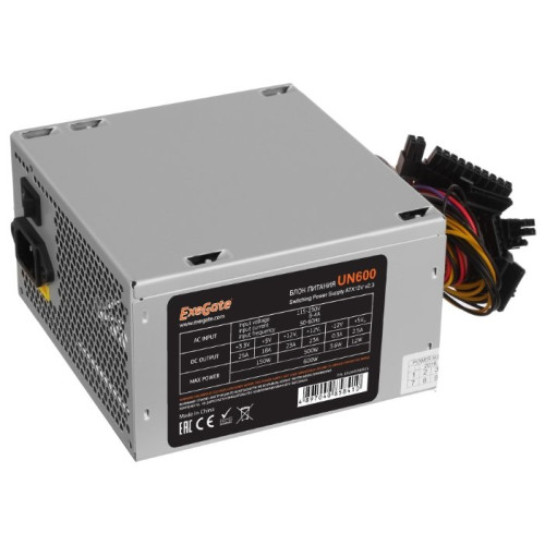 Блок питания 600W Exegate UN600, ATX, SC, 12cm fan, 24p+4p, 6/8p PCI-E, 3*SATA, 2*IDE, FDD + кабель 220V с защитой от выдергивания