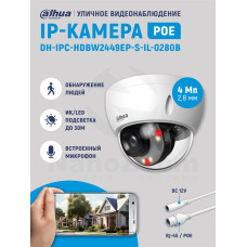 Уличная купольная IP-видеокамера Dahua DH-IPC-HDBW2449EP-S-IL-0280B Smart Dual Light с ИИ 4Мп, 1/2.9” CMOS, объектив 2.8мм, видеоаналитика, ИК до 30м, LED до 30м, IP67, корпус: металл
