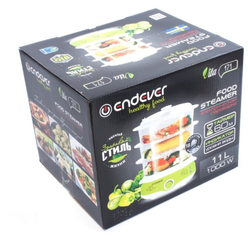 Пароварка Endever Vita-170, белый/серый, мощность 1000 Вт, объем 11 л, три уровня готовки, индикатор питания, контроль уровня воды, таймер с отключени