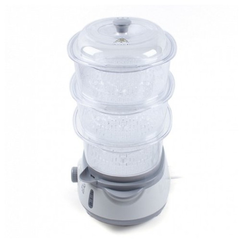 Пароварка Endever Vita-170, белый/серый, мощность 1000 Вт, объем 11 л, три уровня готовки, индикатор питания, контроль уровня воды, таймер с отключени