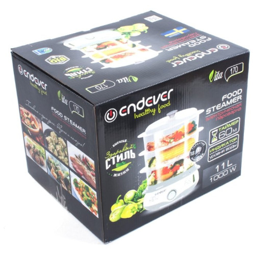 Пароварка Endever Vita-170, белый/серый, мощность 1000 Вт, объем 11 л, три уровня готовки, индикатор питания, контроль уровня воды, таймер с отключени