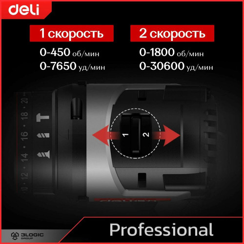 Дрель-шуруповерт Deli DE-CZ16-1A2, 16 В, 2 Ач, 44 Нм, бесщеточный, ударный