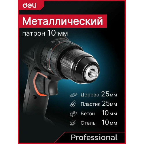 Дрель-шуруповерт Deli DE-CZ20-2A4, 20 В, 4 Ач, 50 Нм, бесщеточный, ударный