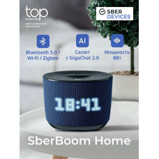 Умная колонка Sber Boom Home, 8Вт, с экраном, 1 динамик, часы, мультирум, TWS, Zigbee хаб, Wi-Fi, Bluetooth 5.0, Zigbee, Салют, морской