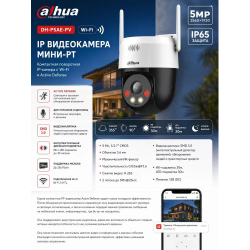 Камера видеонаблюдения IP Dahua DH-IPC-P5FP-PV-0360B-PRO Wi-Fi 3.6-3.6мм цв. (DH-P5F-PV)