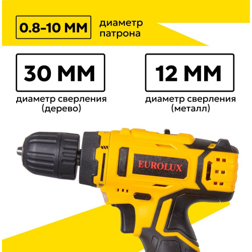 Дрель-шуруповерт Eurolux  ДА-18/2Li 12В, 2 АКБ, Кейс