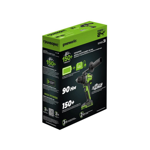 Дрель-шуруповерт GreenWorks GD24DD90, Аккумуляторная, 24В, Без АКБ и ЗУ