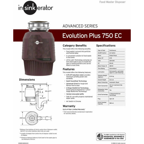 Измельчитель пищевых отходов InSinkErator Evolution Plus 750 EC (E750 EC-2 A/S)